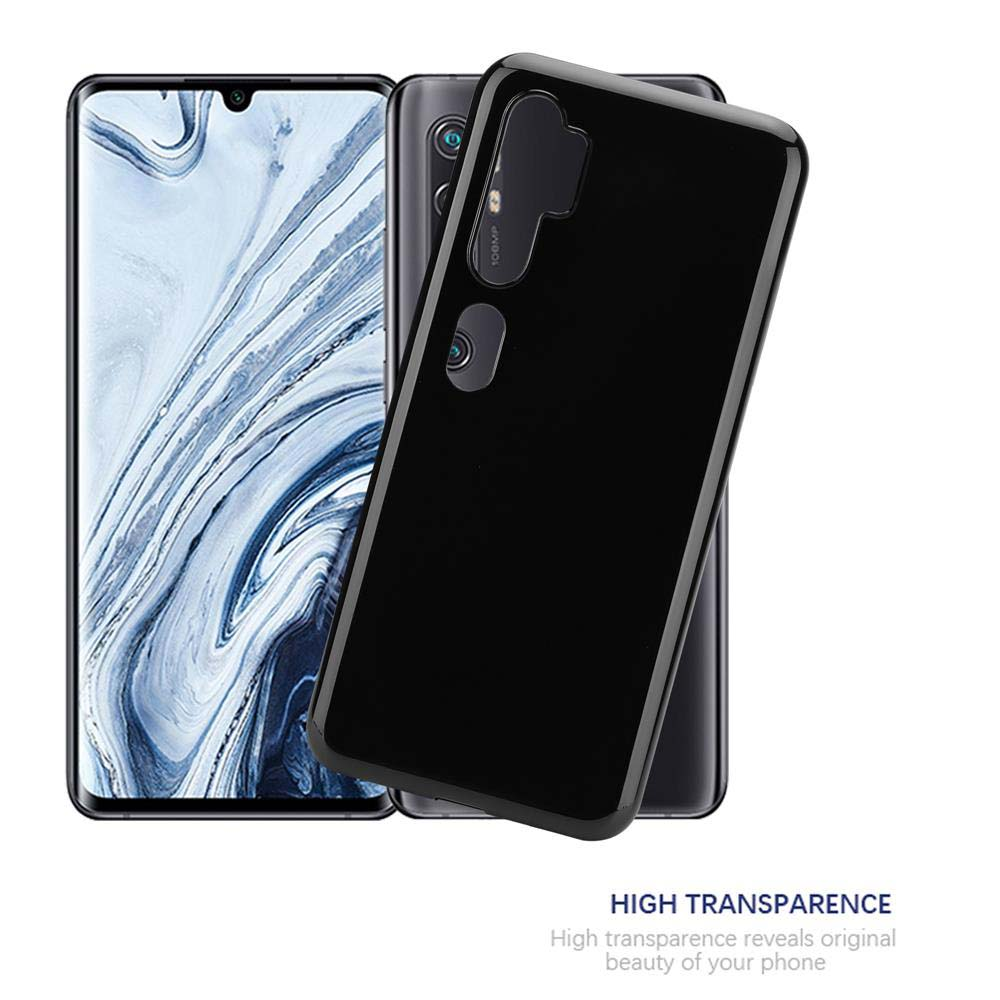Zwei Telefone, eine schwarze Hülle und das andere Telefon mit der Hülle. Beschriftung: HIGH TRANSPARENCE.