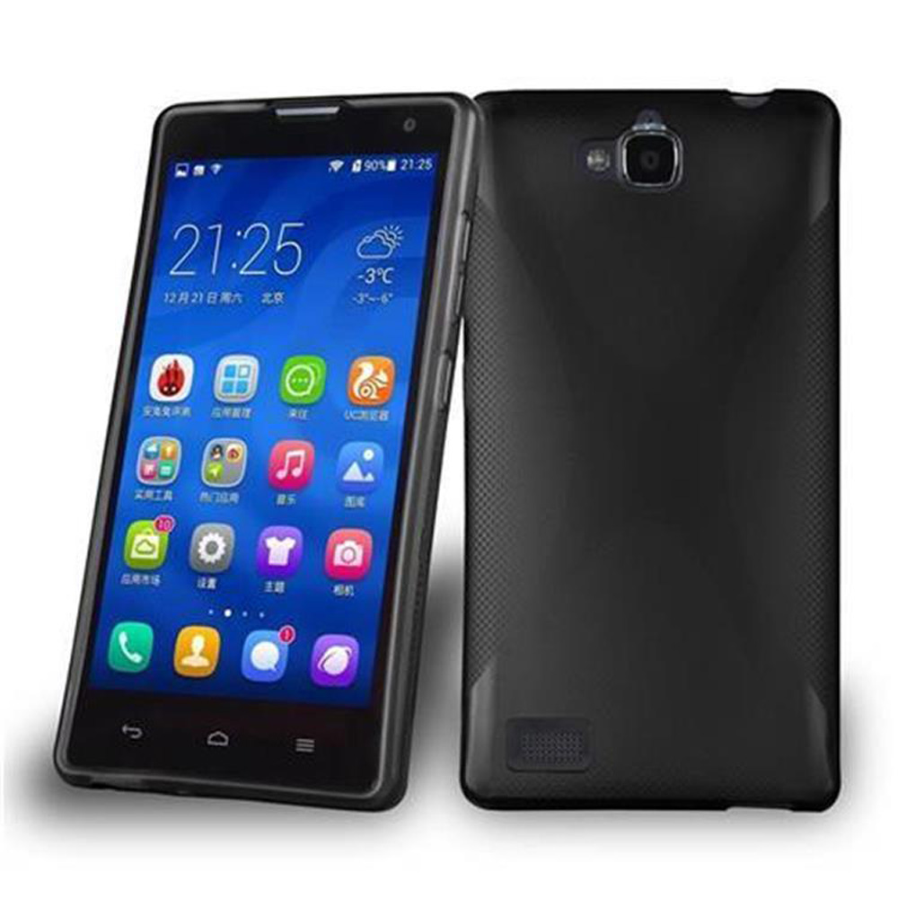 Teléfono negro mostrando la pantalla, a la izquierda, otro a la derecha con funda.