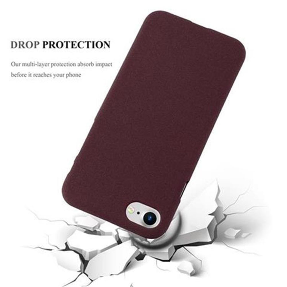 Custodia rossa per telefono angolata, pavimento rotto. Testo 'DROP PROTECTION'.