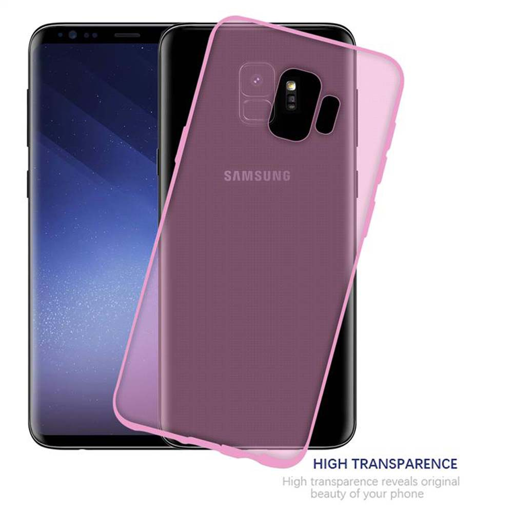 Telefon mit pinkfarbener, durchsichtiger Hülle, neben einem schwarzen Telefon. Text: Hohe Transparenz.