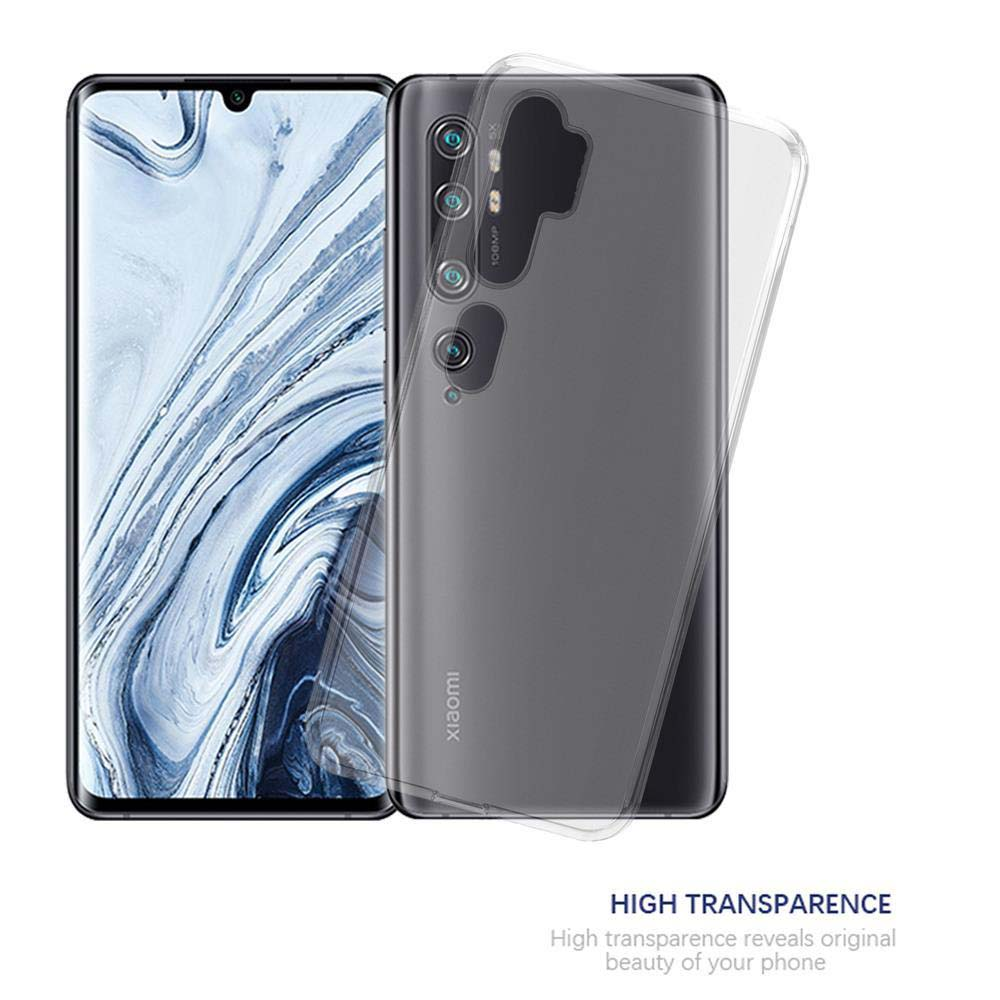 Eine transparente Handyhülle bedeckt ein schwarzes Telefon. Der Bildschirm zeigt ein weiß-blaues Design.