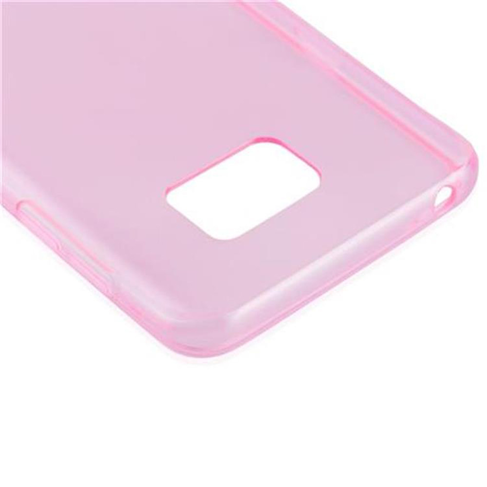 Primo piano di una custodia per telefono rosa. La custodia è trasparente e ha un ritaglio per la fotocamera.