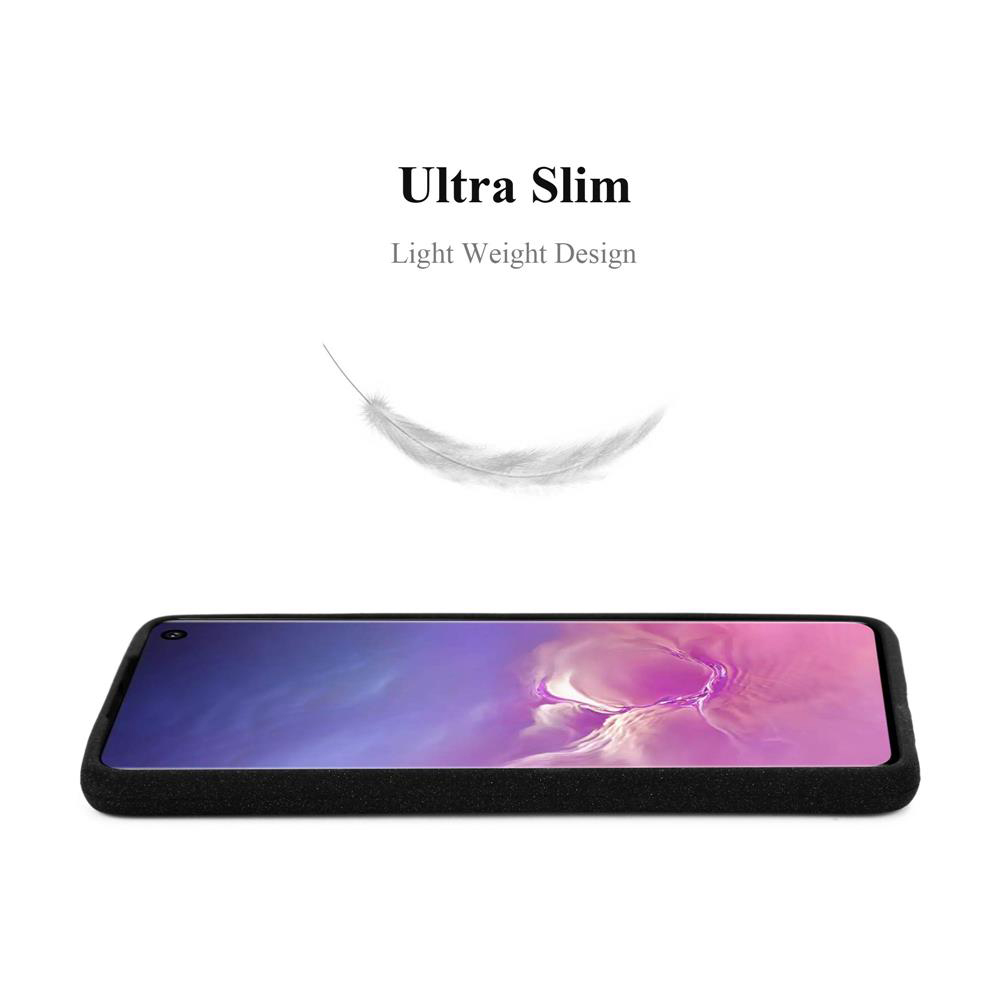 Custodia nera per telefono con telefono dentro, una piuma sopra. Testo: 'Ultra Slim'.
