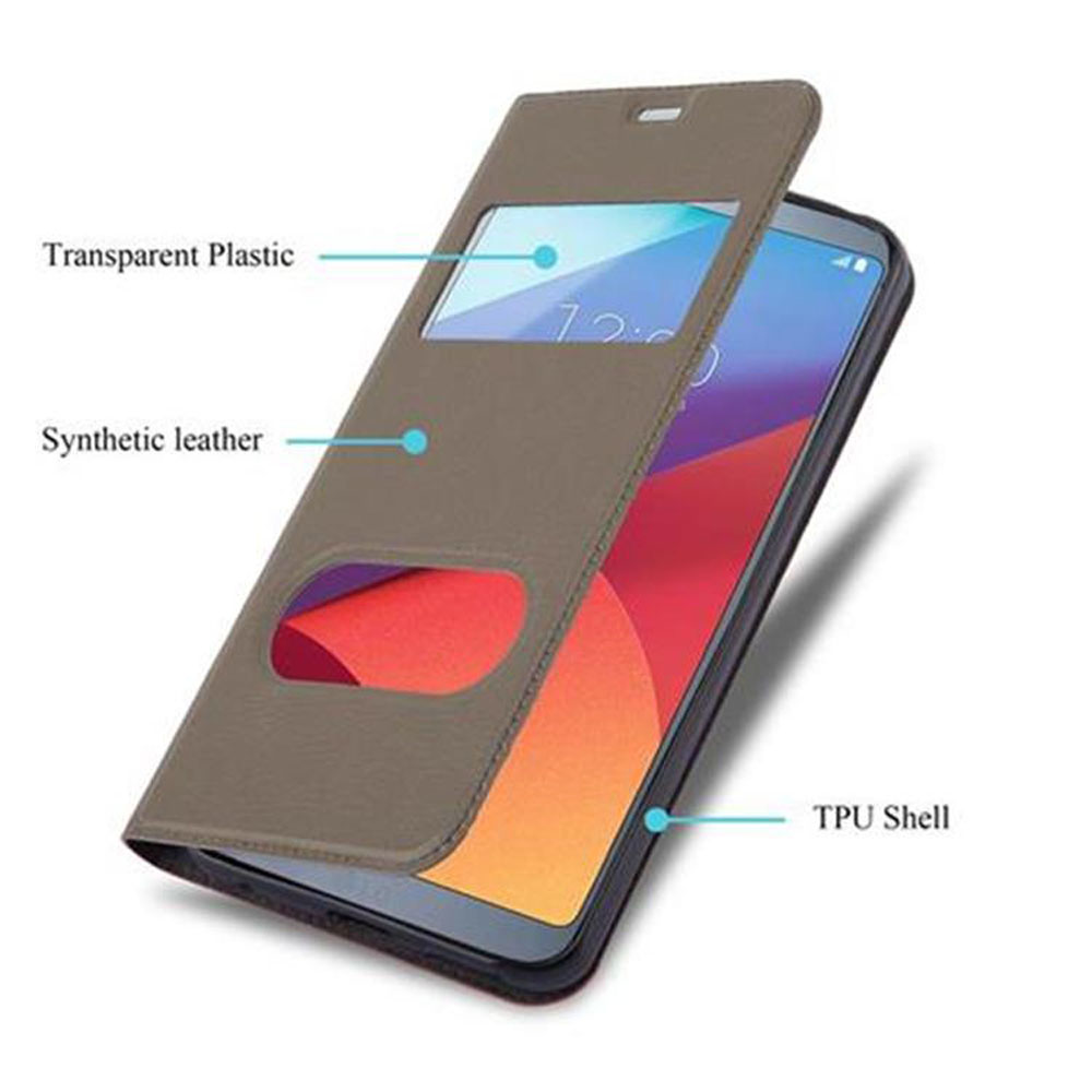 Telefono in custodia con finestra in plastica trasparente.