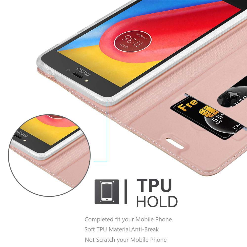 Geöffnete pinke Handyhülle mit Telefon. Eine Karte steckt im Schlitz. TPU HOLD steht unten.