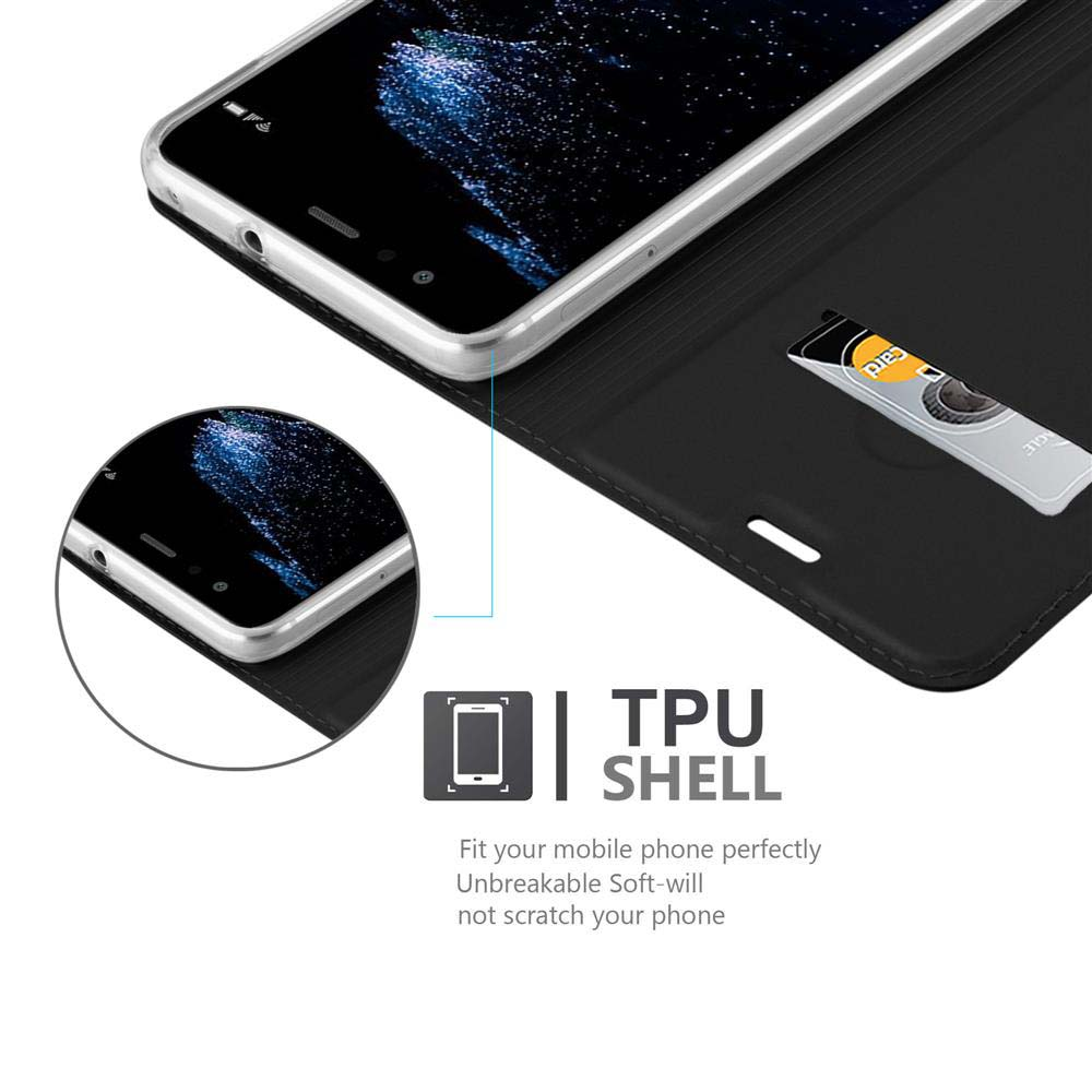 Nahaufnahme eines Telefons in einer schwarzen Hülle, Kreditkarte im Fach. TPU-Label.