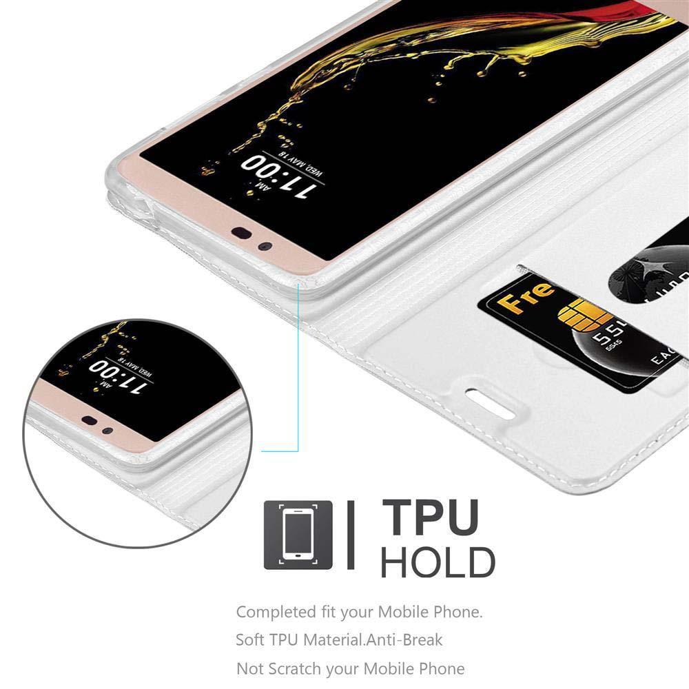 Telefono in custodia bianca, con carta, testo TPU HOLD, su sfondo bianco.