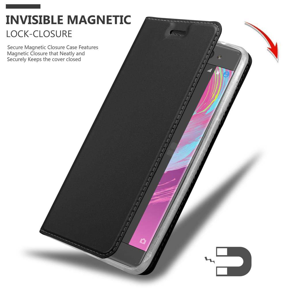Telefonhülle geöffnet. Telefonbildschirm sichtbar. Ein Magnetzeichen befindet sich in der Nähe der Hülle. Unsichtbarer Magnetverschluss.
