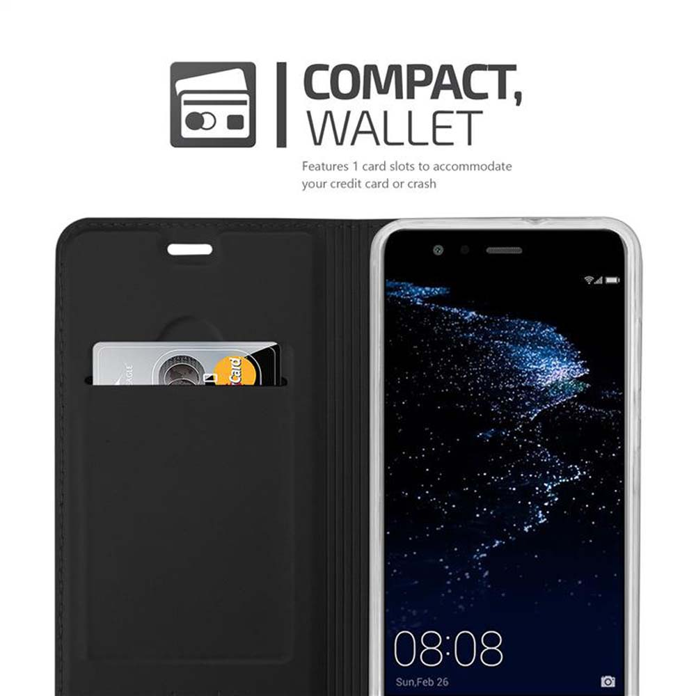 Telefon in Brieftasche. Kartenfächer und Kreditkarte sichtbar. Zeit auf dem Telefon ist 08:08.