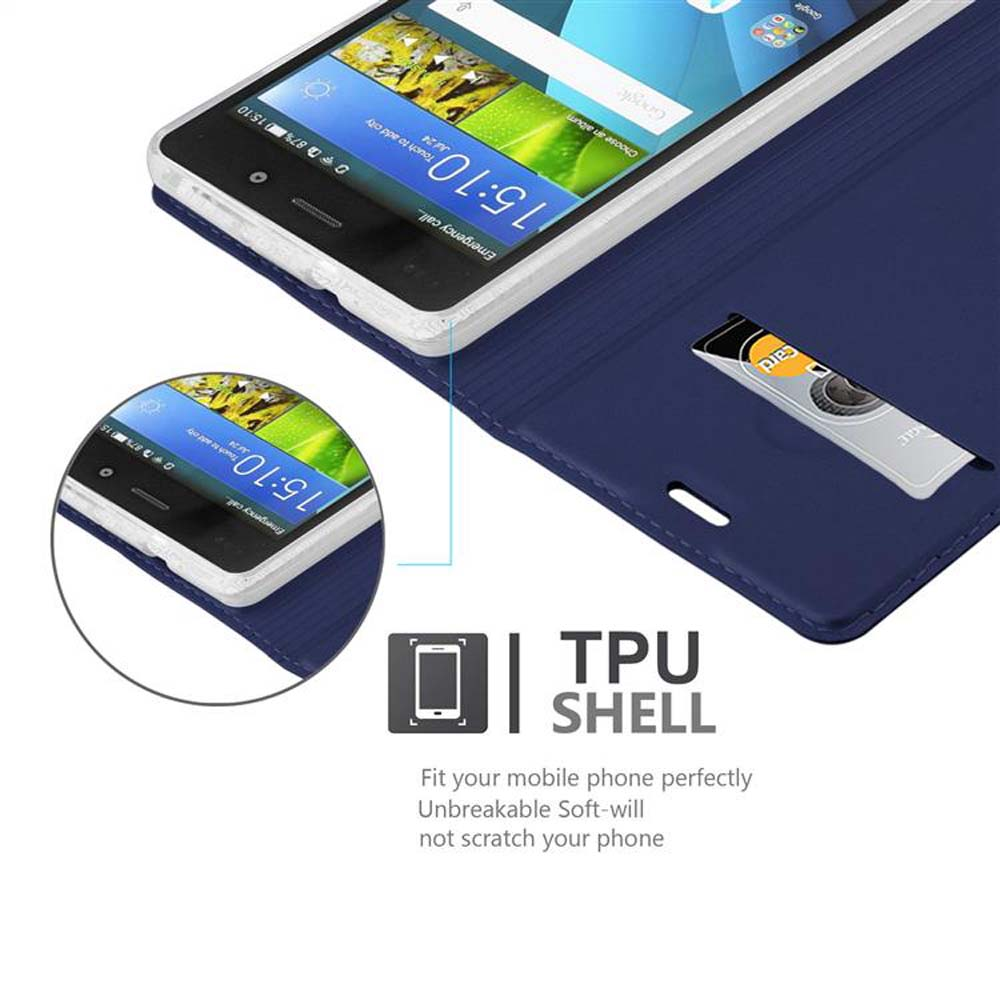 Una funda de teléfono azul está abierta, revelando un teléfono. El texto dice TPU SHELL. Hay una tarjeta en la funda.