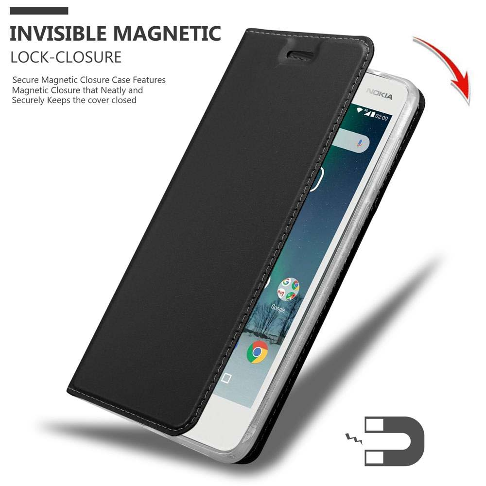 Schwarze Handyhülle, offen, zeigt ein Nokia-Telefon. Merkmale: Unsichtbarer Magnetverschluss. Ein Magnet wird gezeigt.