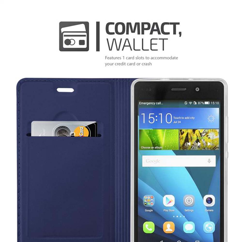 Funda de teléfono con ranura para tarjetas y teléfono. El texto dice: 'COMPACT, WALLET'. El teléfono muestra la hora.