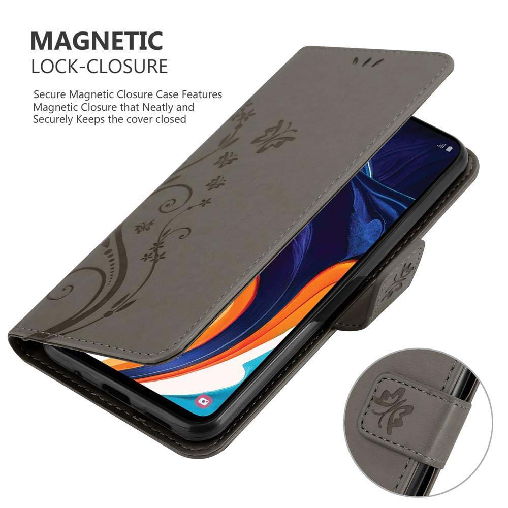 Una custodia per telefono con un design floreale e una chiusura magnetica, con un telefono all'interno.