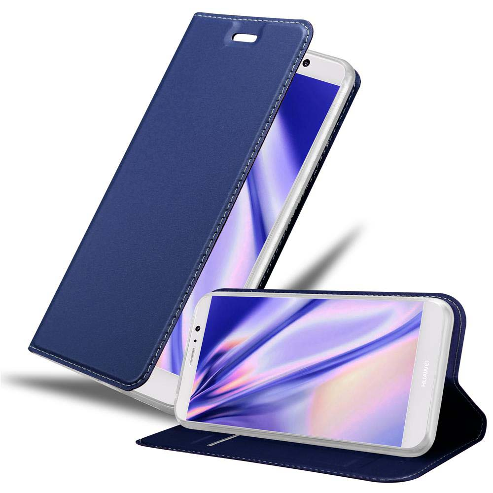 Funda de teléfono azul con teléfono dentro. Abierta y cerrada, sobre un fondo blanco.