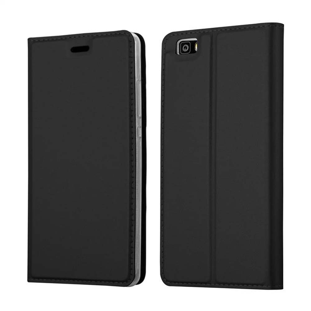 Funda de teléfono negra, con la funda abierta mostrando un teléfono. La funda muestra la parte trasera.