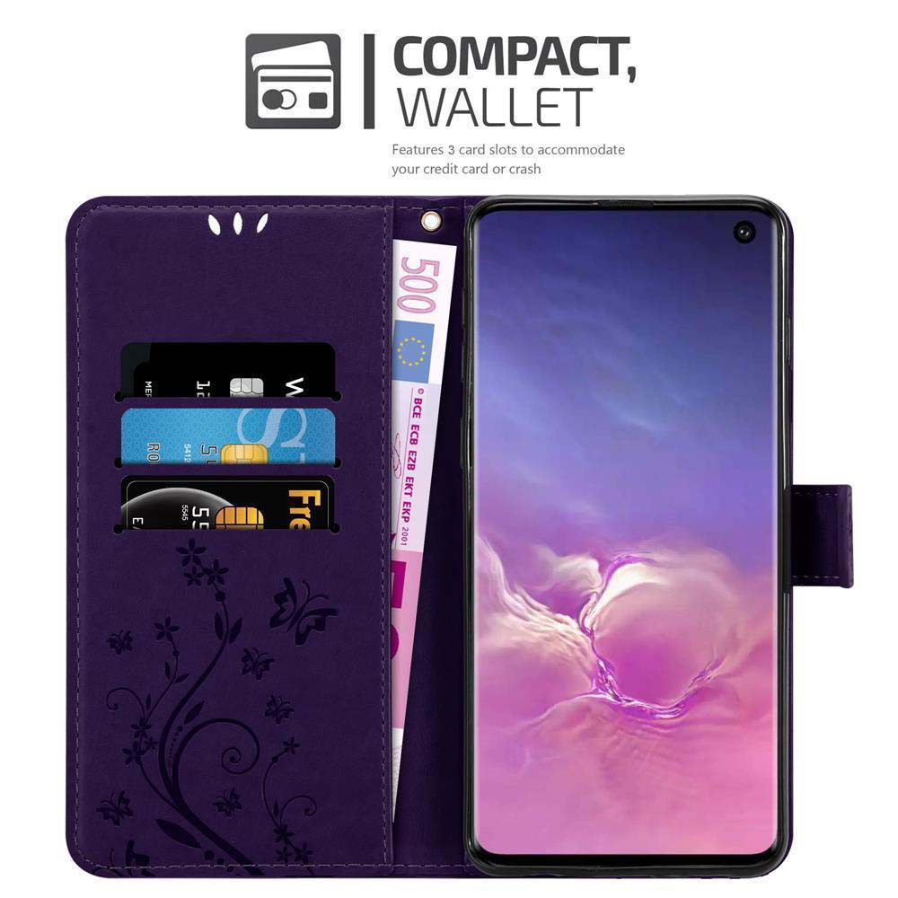 Custodia viola aperta con telefono. Scomparti per carte e banconote.