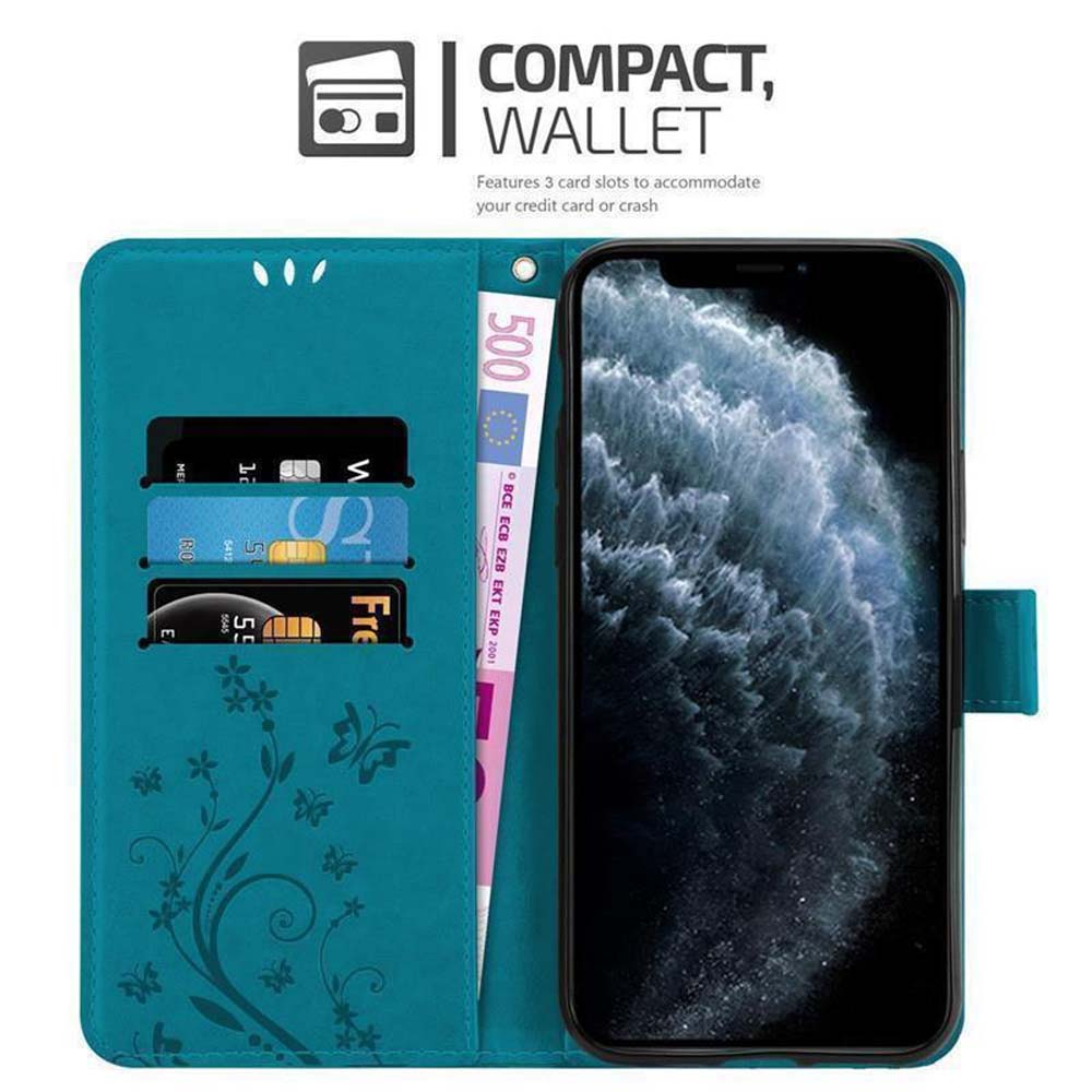 Custodia turchese aperta, con carte e telefono all'interno. Design floreale presente.