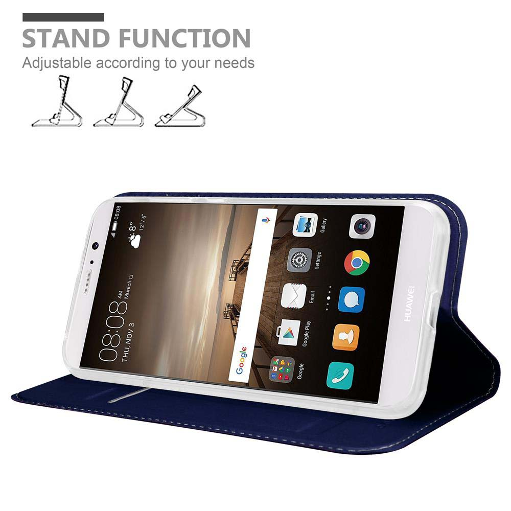 Un teléfono blanco en una funda azul, apuntalado. La pantalla muestra Google. Se destaca la función de soporte.