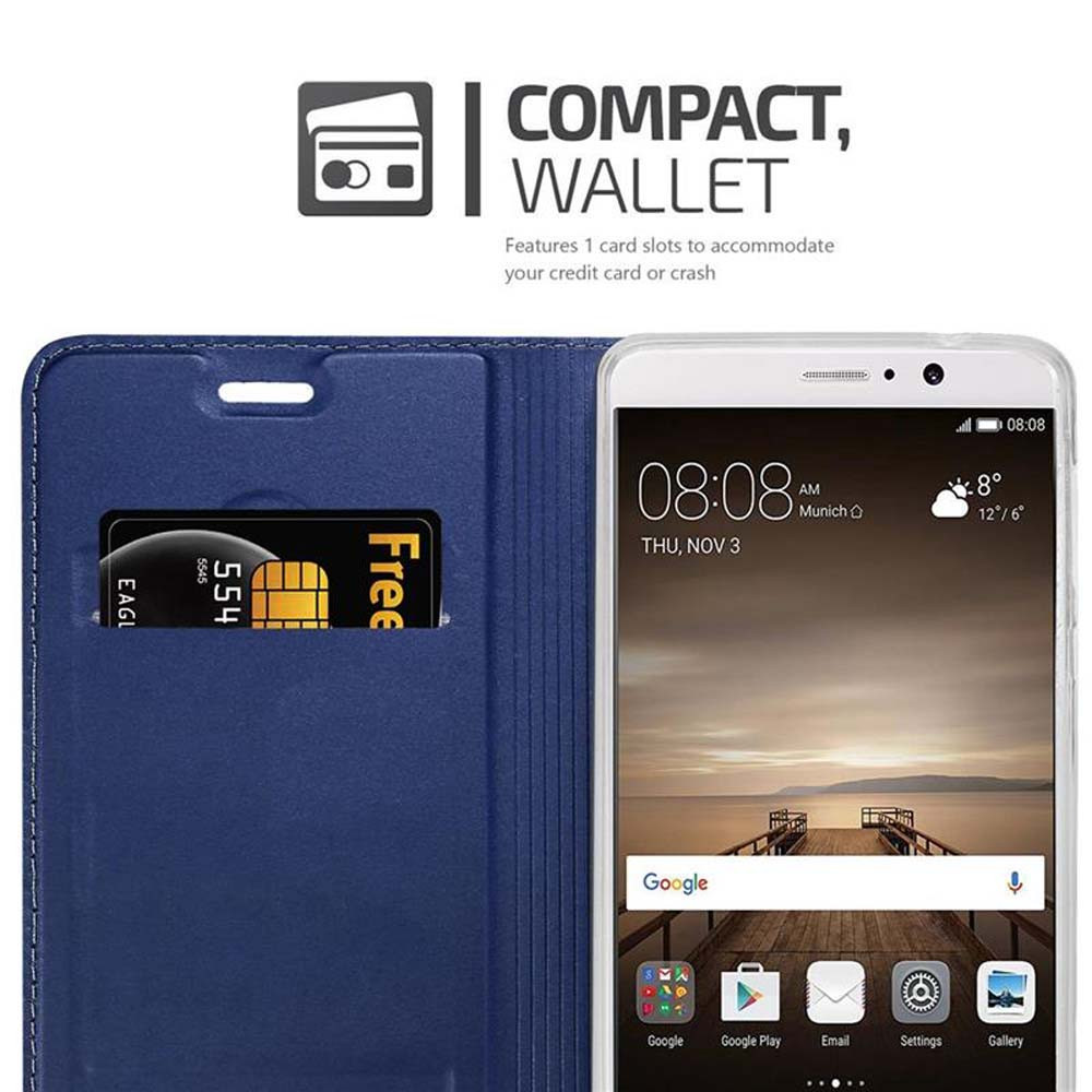 Una funda de teléfono azul tipo cartera, con ranura para tarjeta de crédito, y el teléfono muestra la hora y la fecha.