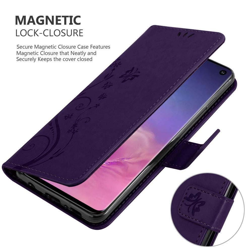 Custodia per telefono viola con un design floreale e la scritta 'MAGNETIC LOCK-CLOSURE'.