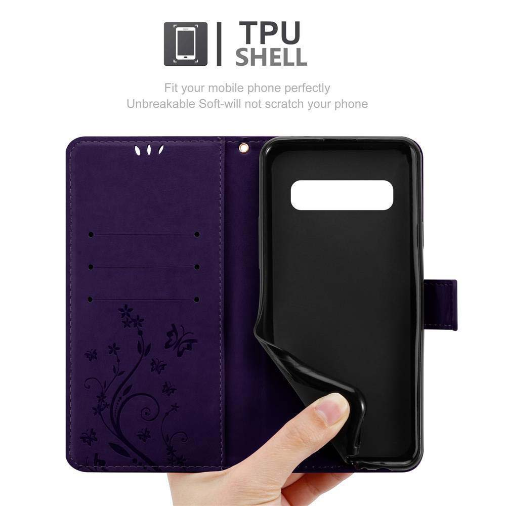 Custodia del telefono aperta. Testo: Guscio in TPU. La custodia è viola e il telefono è nero. Fiori sulla custodia.