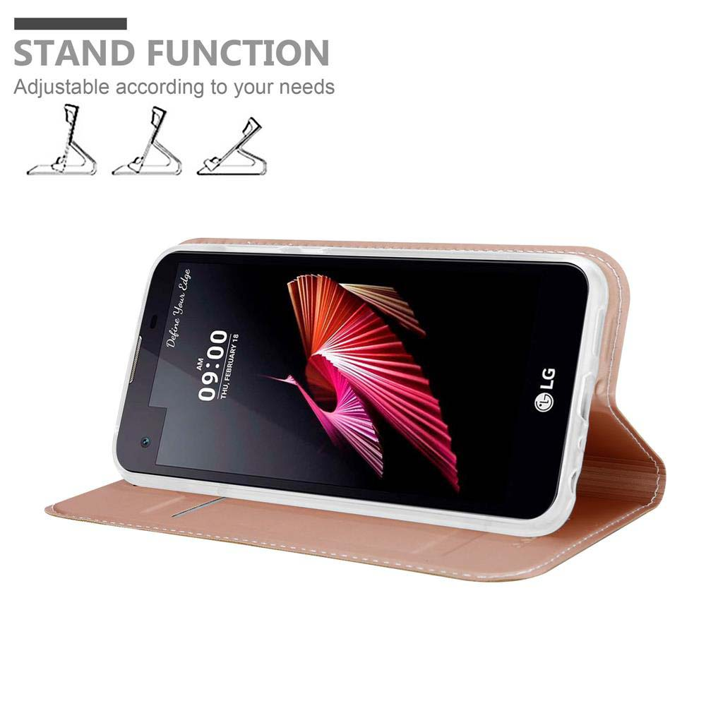 Un telefono in una custodia rosa. Lo schermo mostra un design colorato.
