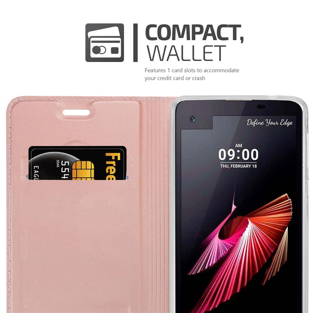 Una custodia a portafoglio rosa per telefono con un telefono all'interno. Con 1 slot per carte. Schermo del telefono visibile.