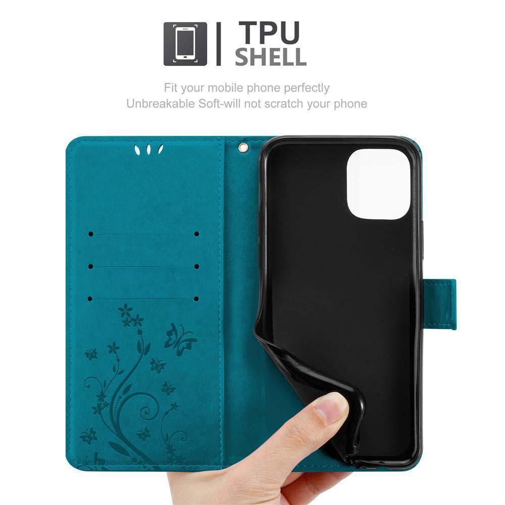 Custodia per telefono teal aperta con telefono nero all'interno. Design floreale. Testo guscio TPU in alto.
