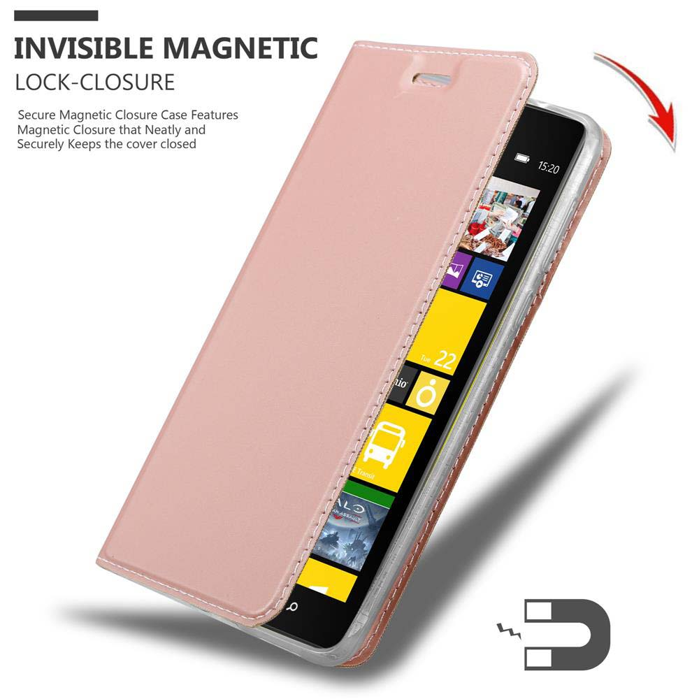 Un telefono con custodia rosa aperta, il testo dice Invisible Magnetic Lock-Closure e un'icona a magnete.
