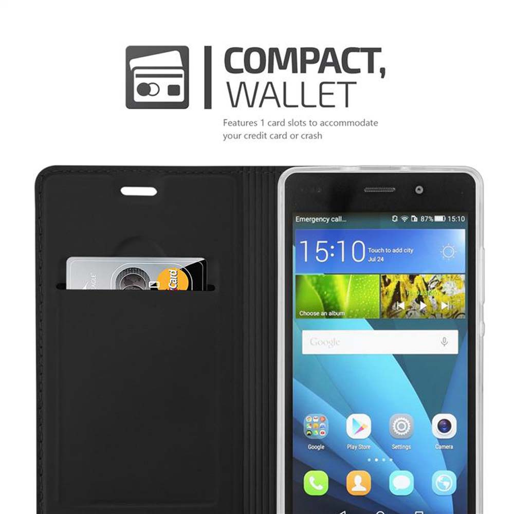 Un teléfono con una tarjeta de crédito en su funda. El teléfono muestra una interfaz con la hora y la selección de álbumes.