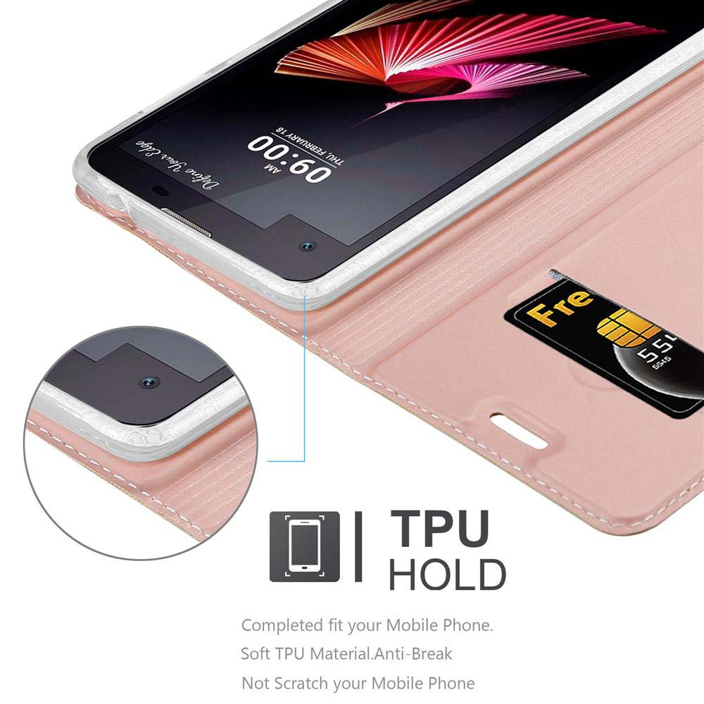 Una custodia per telefono rosa con un telefono, un inserto di una carta e un'etichetta che dice TPU HOLD.