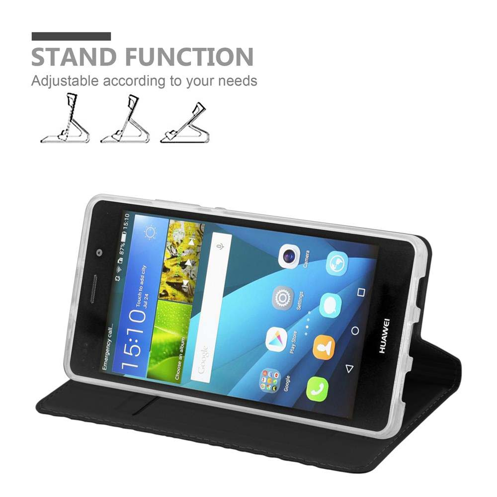 Smartphone en una funda, apoyado. Texto: 'STAND FUNCTION'.