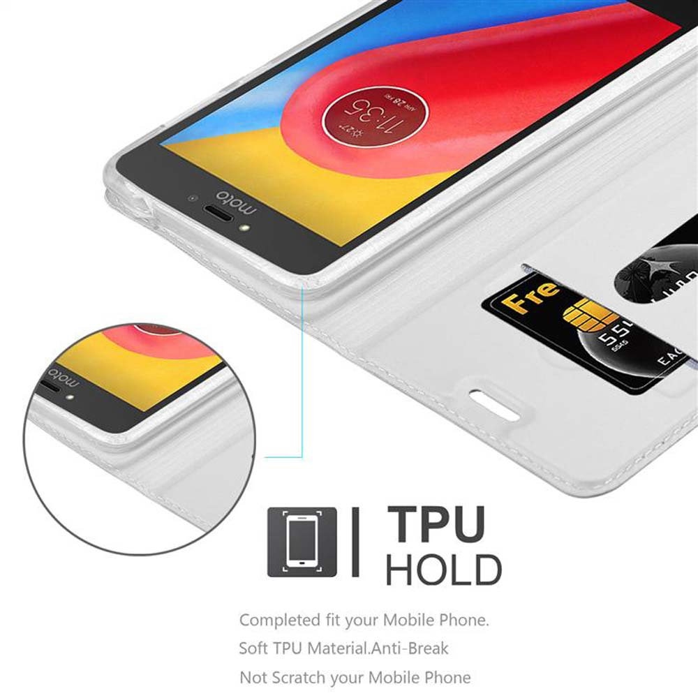 Telefon in weißer Hülle mit TPU-Halterung und Platz für eine Karte.