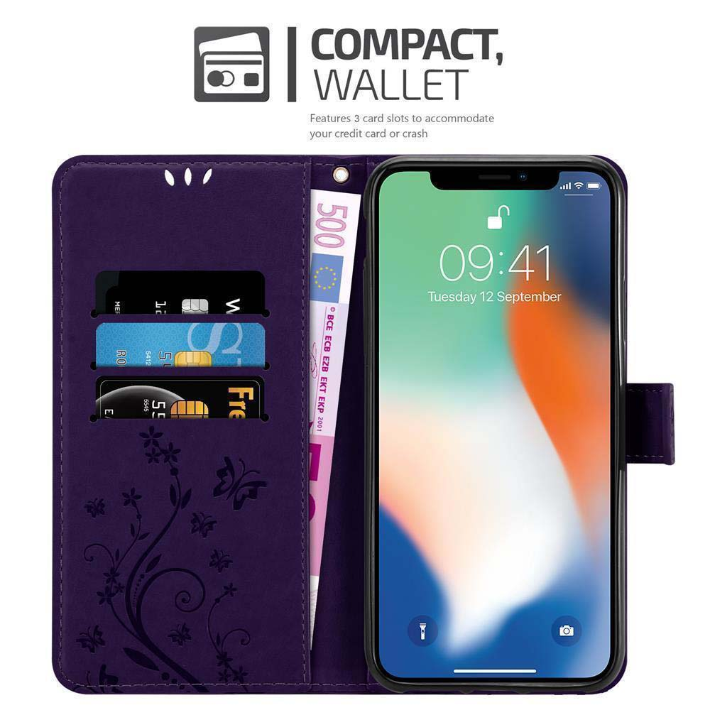 Portafoglio viola per telefono con carte e denaro, telefono con visualizzazione ora.