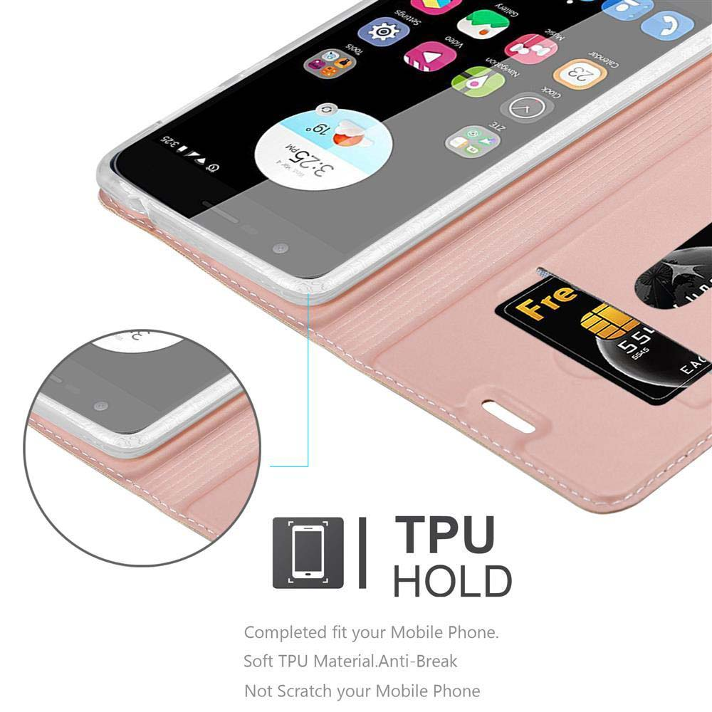 Teléfono en una funda con tarjeta de crédito. Texto: Soporte TPU. La funda es rosa.