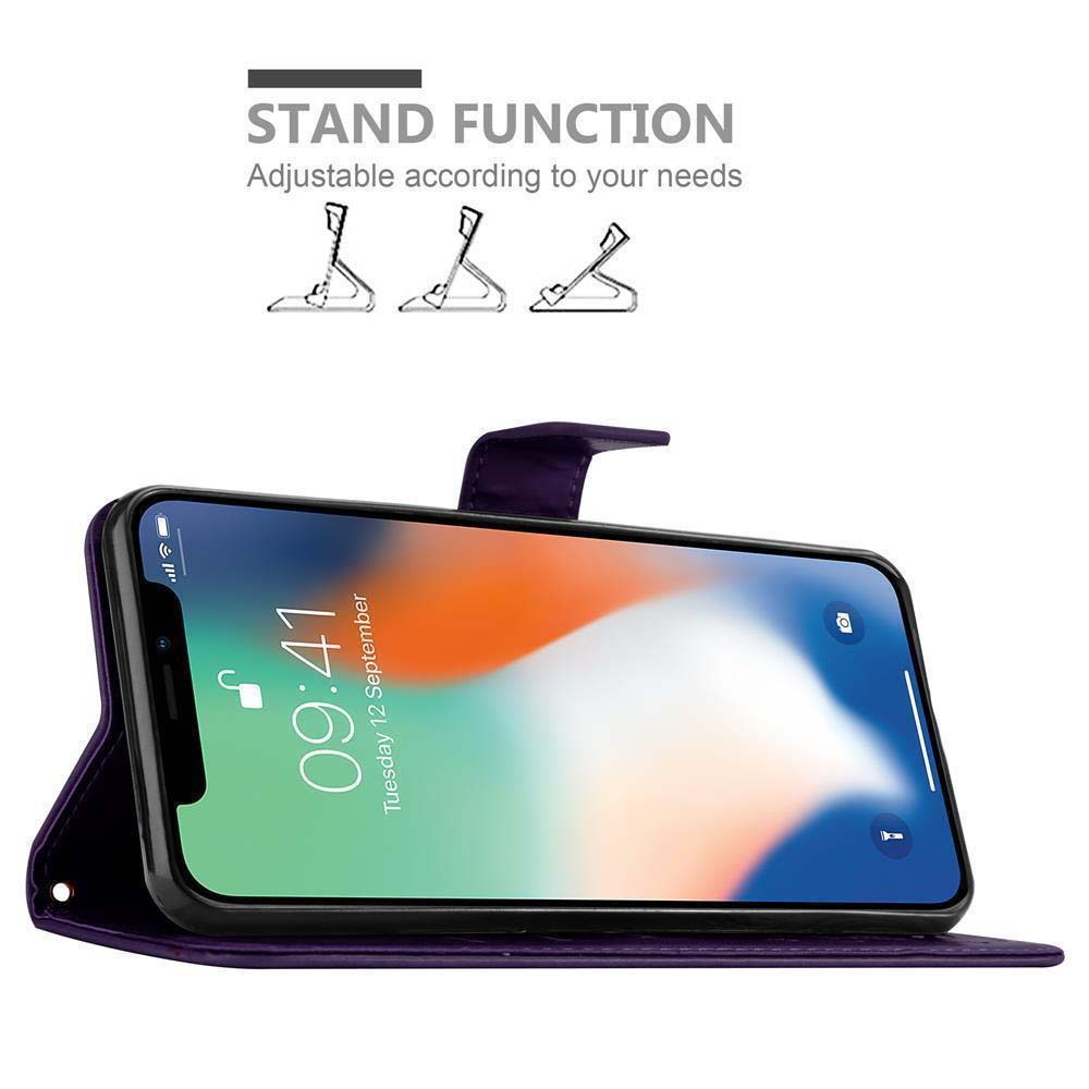 Telefono in custodia, aperto su una superficie. Testo 'funzione supporto' e diagrammi.