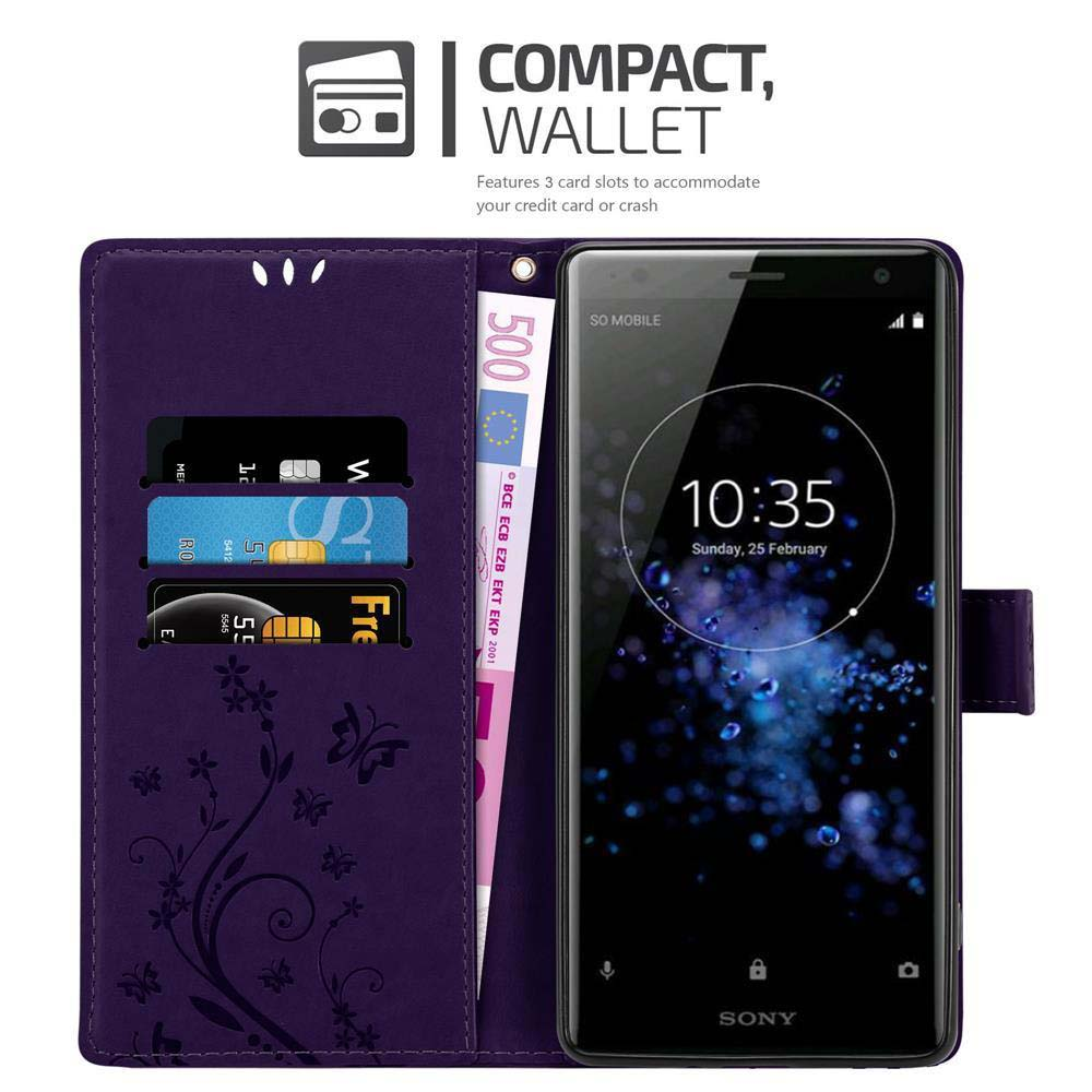 Custodia viola con carte e denaro. Testo: Compatto, Portafoglio. Telefono con schermo visibile.