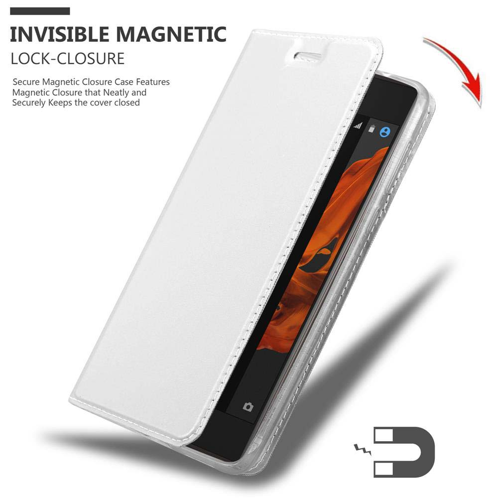 Custodia bianca per telefono con chiusura magnetica, che mostra il telefono all'interno.
