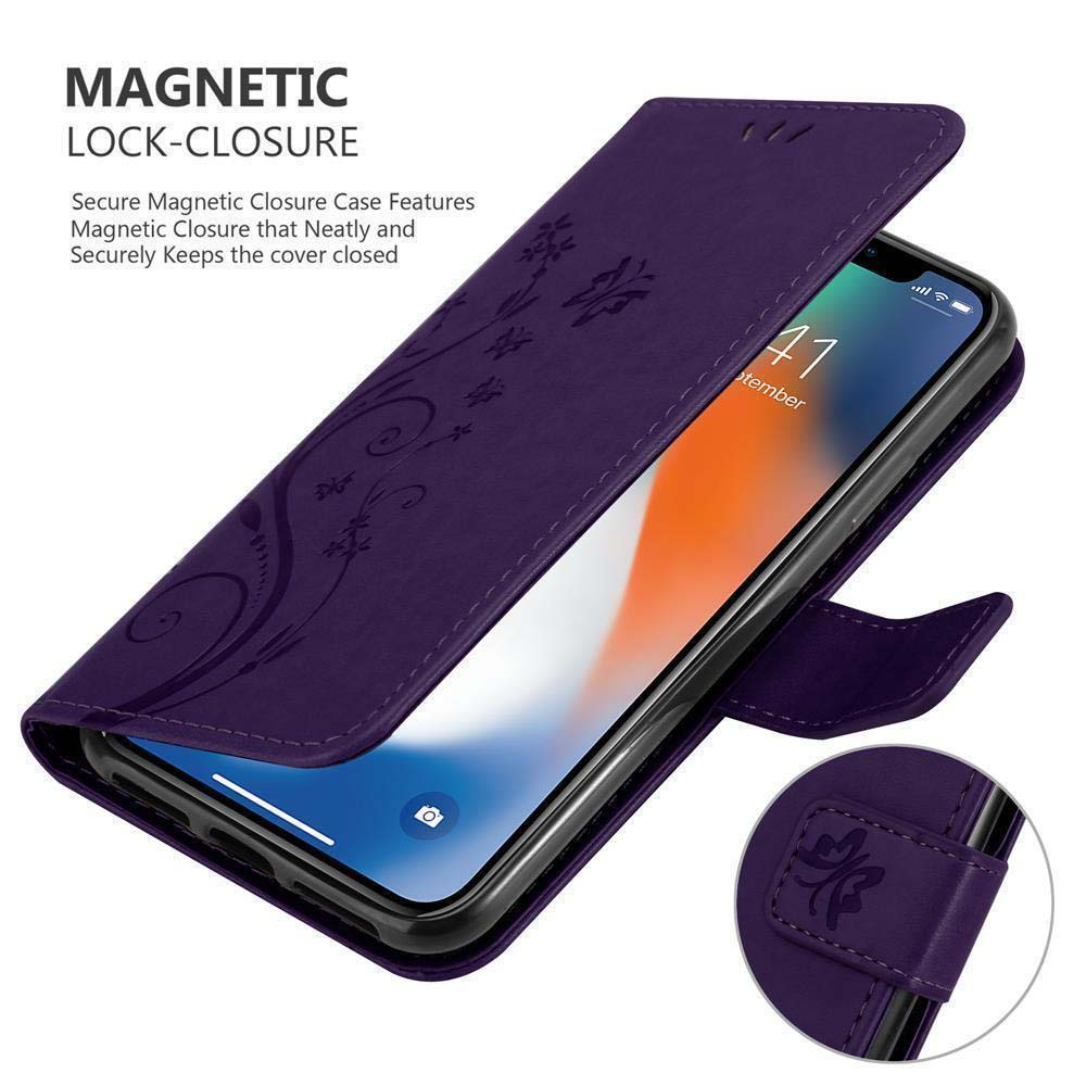 Custodia per telefono viola. Telefono all'interno. Testo: CHIUSURA MAGNETICA. Design floreale sulla custodia. Schermo visibile.