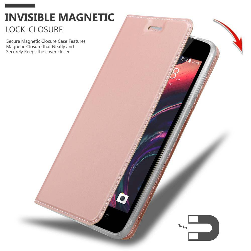 Una custodia rosa con un telefono dentro. La custodia è aperta. Il testo descrive la chiusura magnetica.