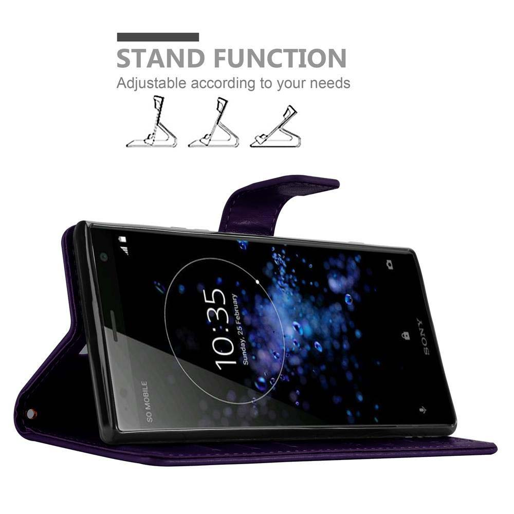 Una custodia per telefono viola con un telefono che mostra l'ora e la data. Il telefono è in modalità stand.
