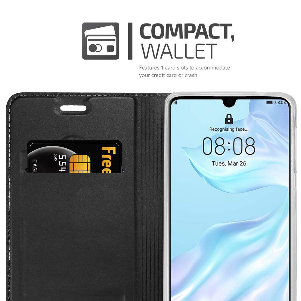Schwarze Handyhülle mit Kartenfach und Telefon, das die Uhrzeit anzeigt. Text: Compact Wallet.