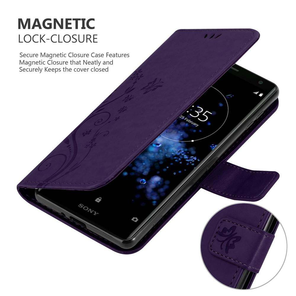 Custodia per telefono viola aperta, rivela smartphone. Custodia con design floreale. Logo Sony visibile.