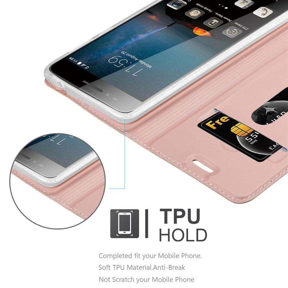 Funda rosa para teléfono con teléfono, mostrando pantalla Google, y tarjeta SIM gratis.