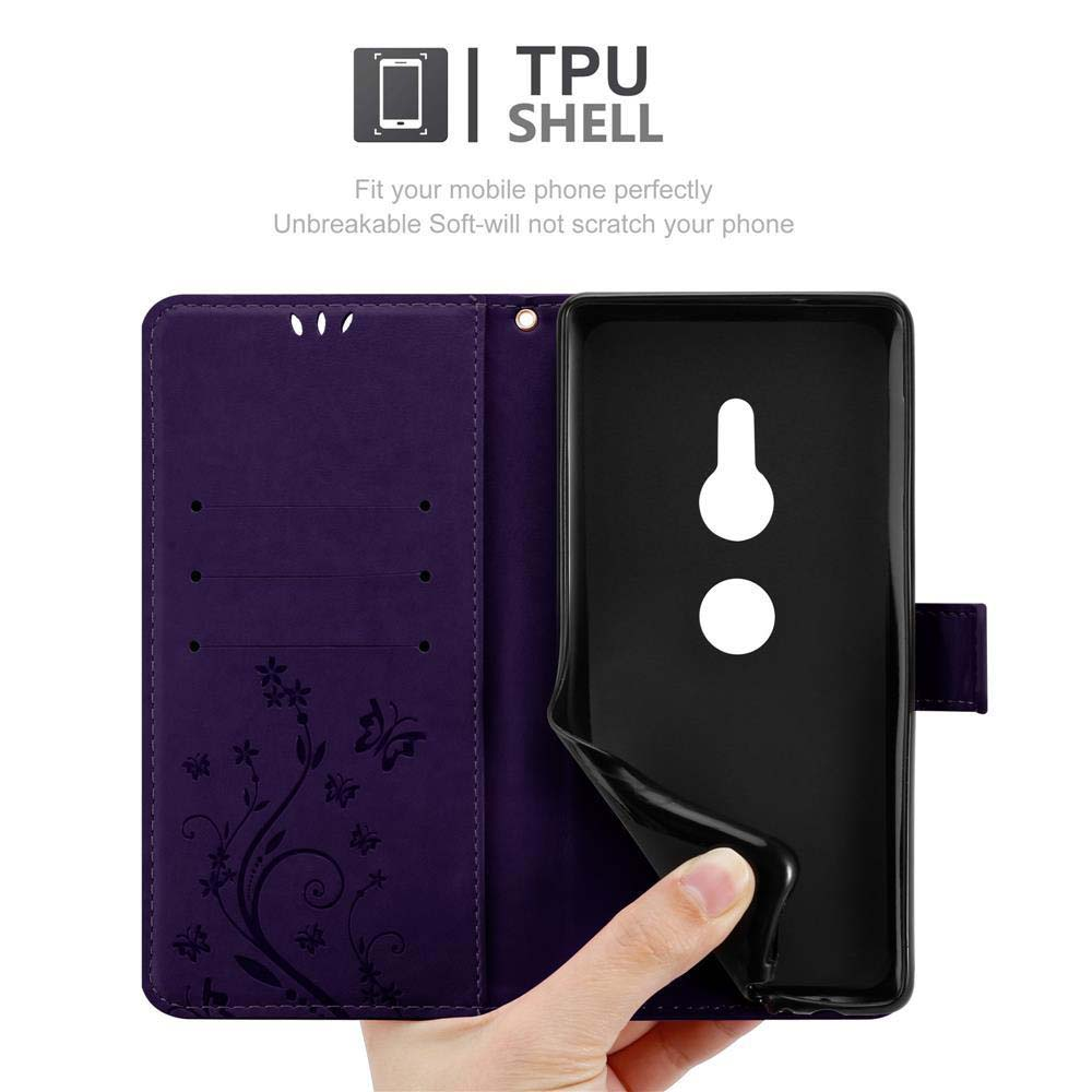Custodia viola con design floreale. Una mano tiene la custodia nera.