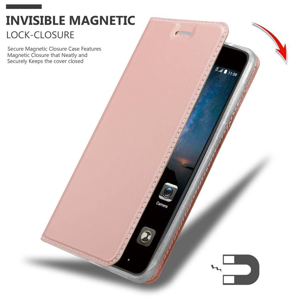 Teléfono en una funda rosa con solapa abierta. Texto: INVISIBLE MAGNETIC LOCK-CLOSURE.