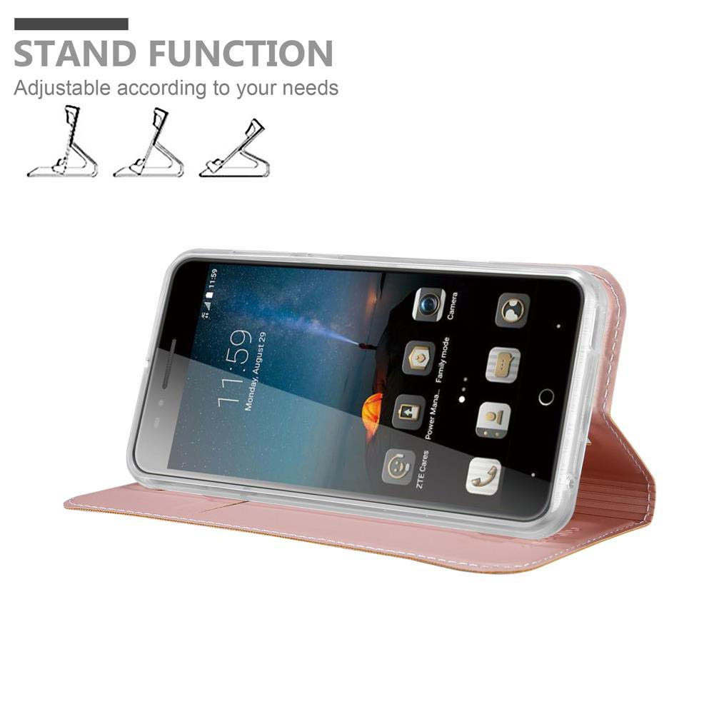Un teléfono en una funda, apoyado para la visualización. El teléfono muestra una pantalla de inicio con iconos.