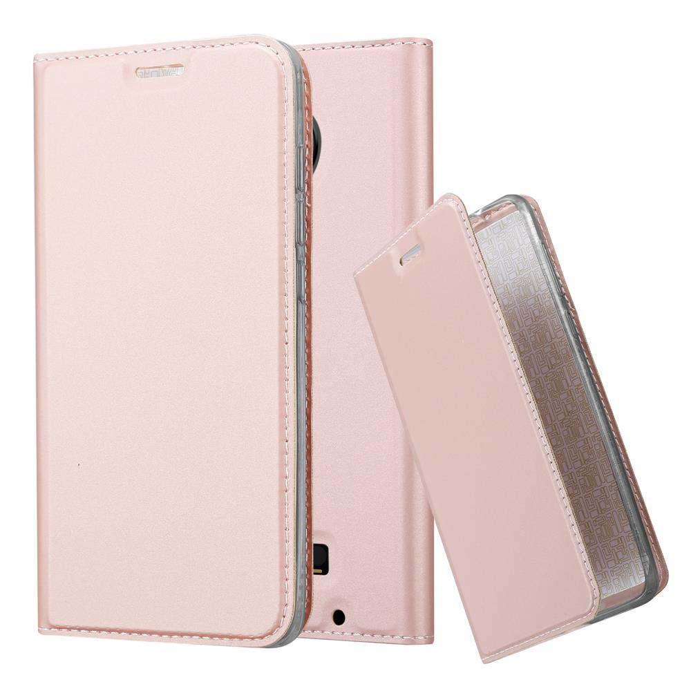 Custodia rosa per telefono e un altro pezzo. Sfondo bianco. Custodia aperta con il telefono all'interno.