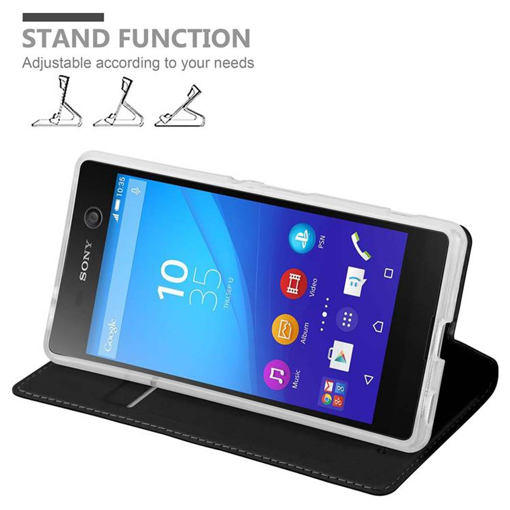 Un teléfono en una funda negra con soporte. Texto: STAND FUNCTION.