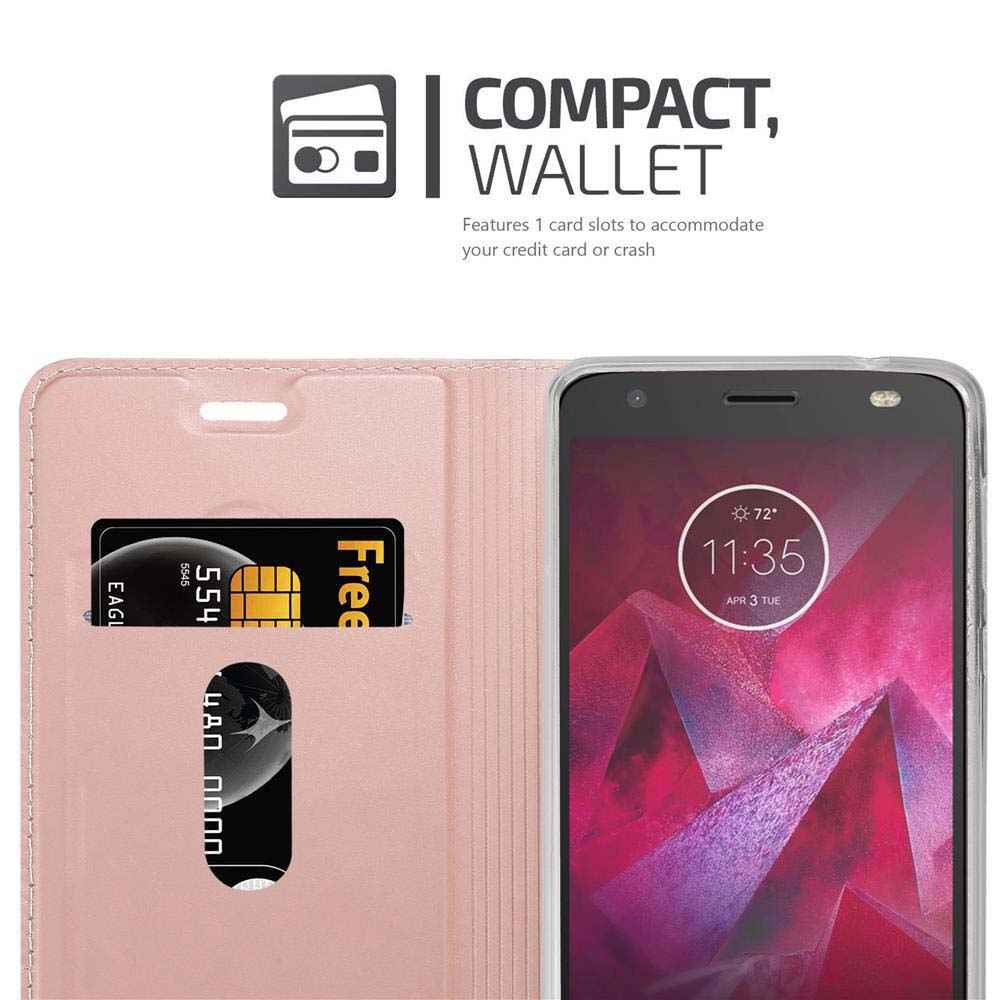 Portafoglio rosa per telefono con scomparti per carte e un telefono che mostra l'ora.
